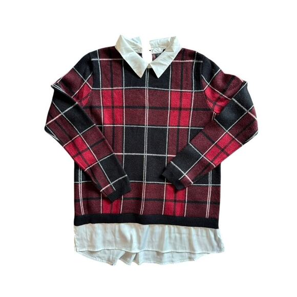 Layered Red Plaid Sweater Tahari Red Tartan w/White satin M - Picture 1 of 8